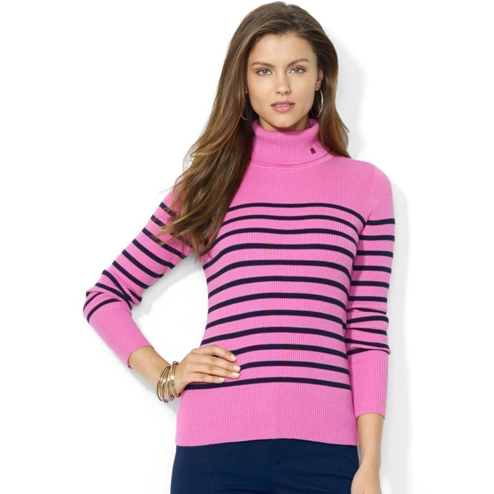 ✨Ralph Lauren Pink Striped Ribbed Turtleneck Sz Medium Sweater✨